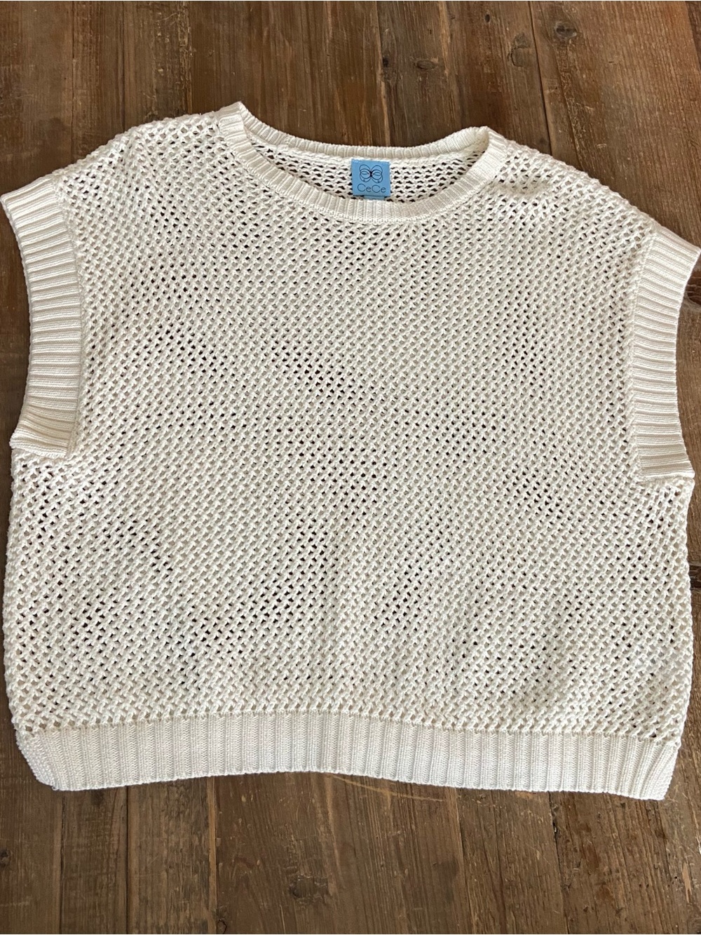 CeCe Open-Knit Sleeveless Sweater Vest in Ivory XL